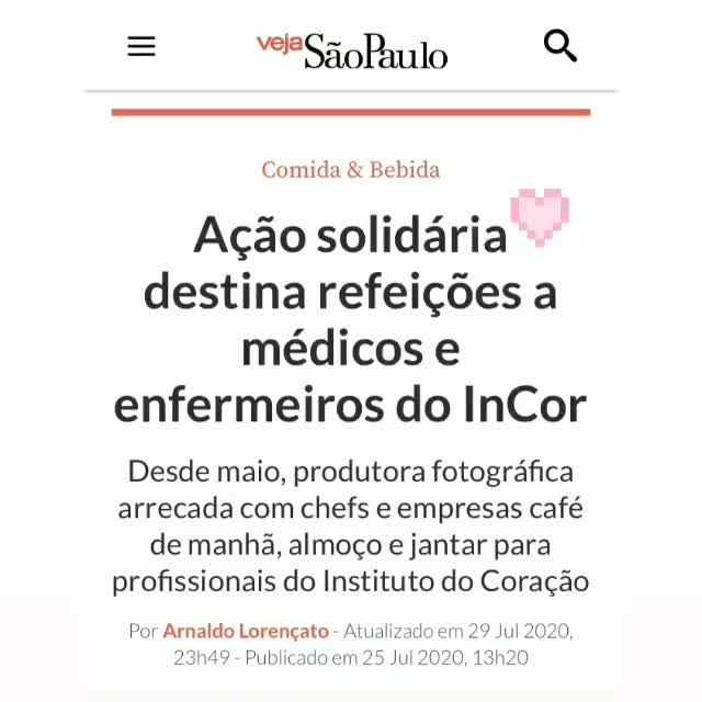 Matéria da Veja São Paulo: ação solidária destina refeições a médicos e enfermeiros do InCor