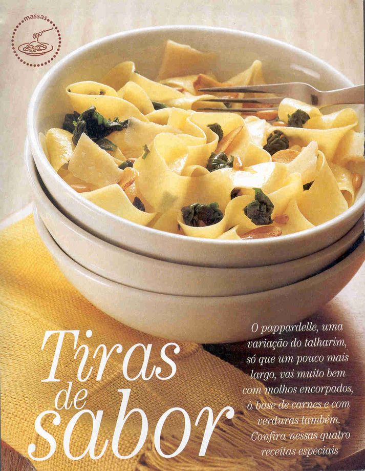 Página de revista com pappardelle, matéria Tiras de sabor